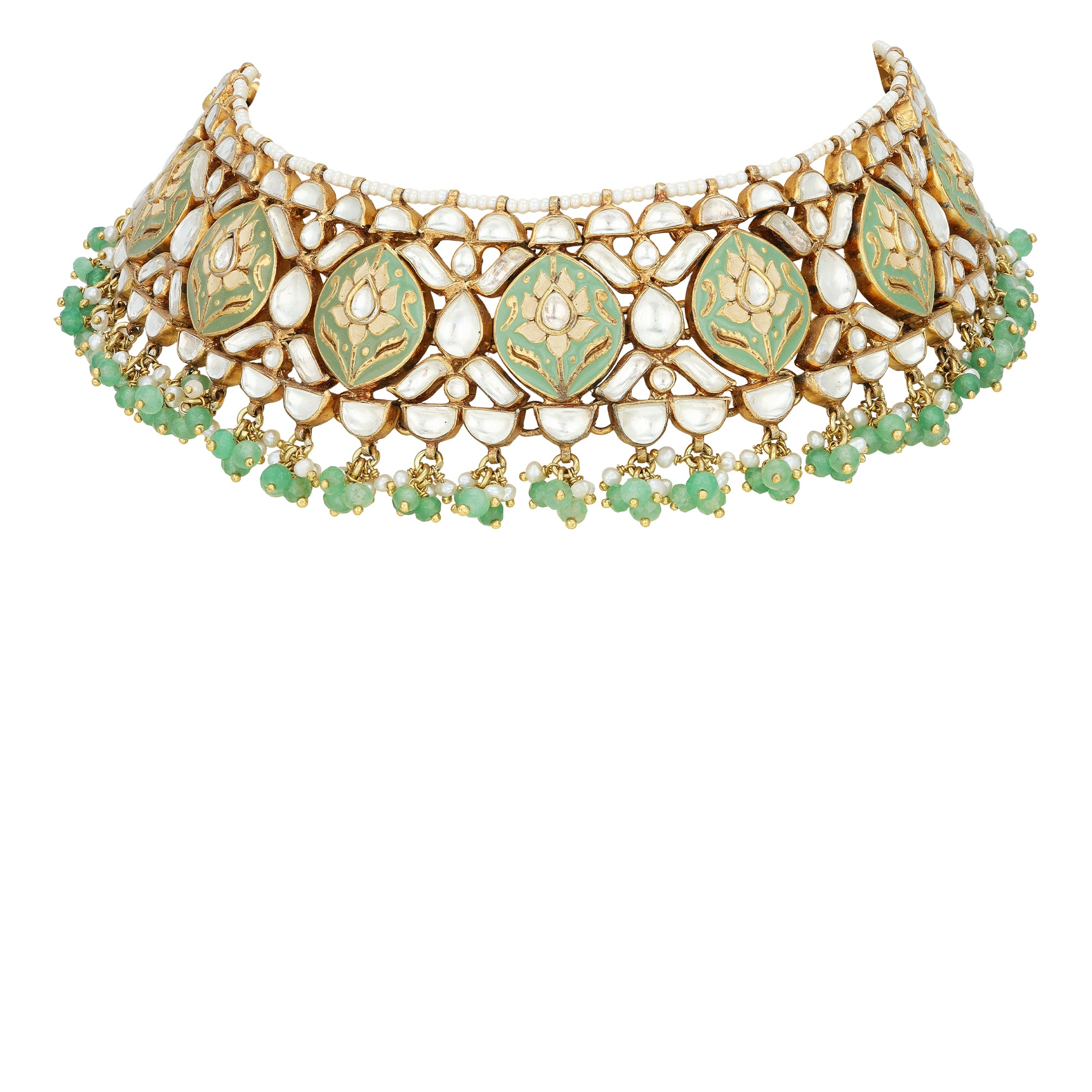Royal Green Bloom Kundan 925 Sterling Silver Necklace for Women with Pearl and Enamel Detailing