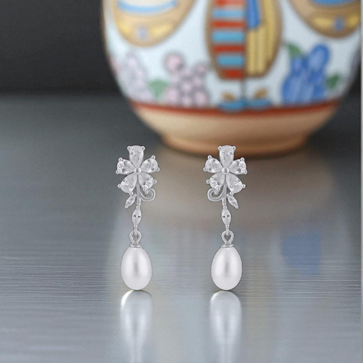925 Sterling Silver Sculpted Blossom Crystal Petal Dangling Pearl Earrings for Women