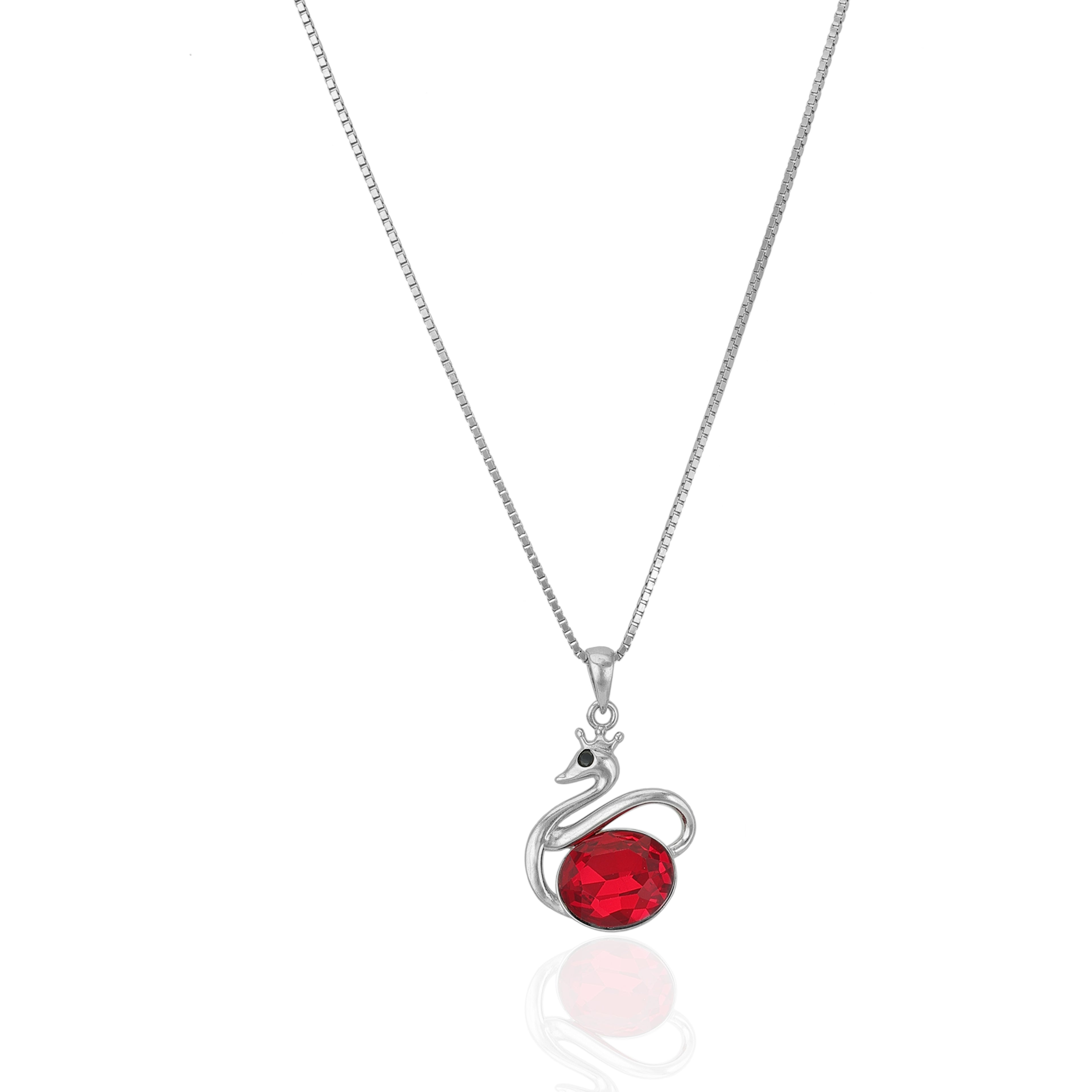 925 Sterling Silver Sculpted Swan Ruby Center Oval Chain Pendant for Women