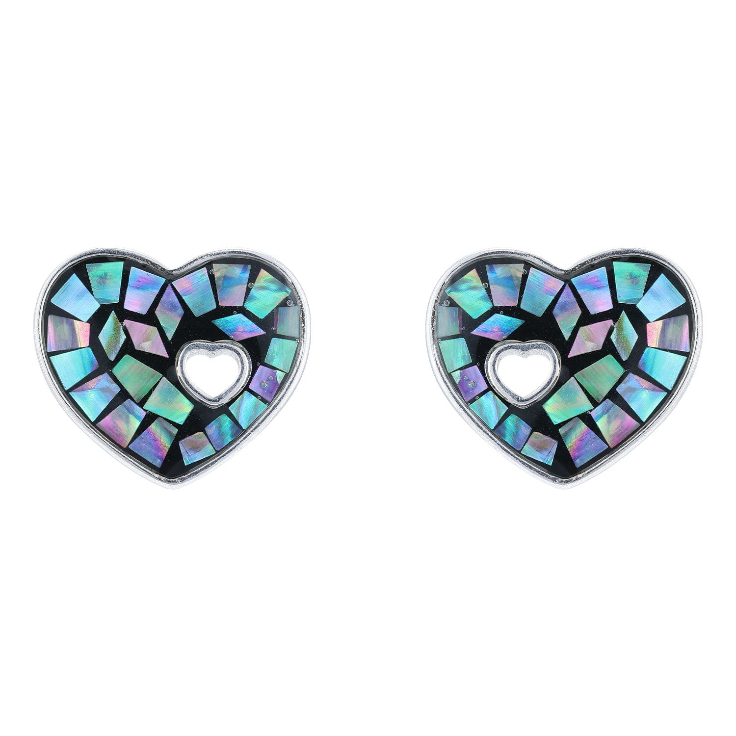 925 Sterling Silver Shimmering Iridescent Abalone Heart Inner Cut-Out Design Rhodium Plated Earrings for Women