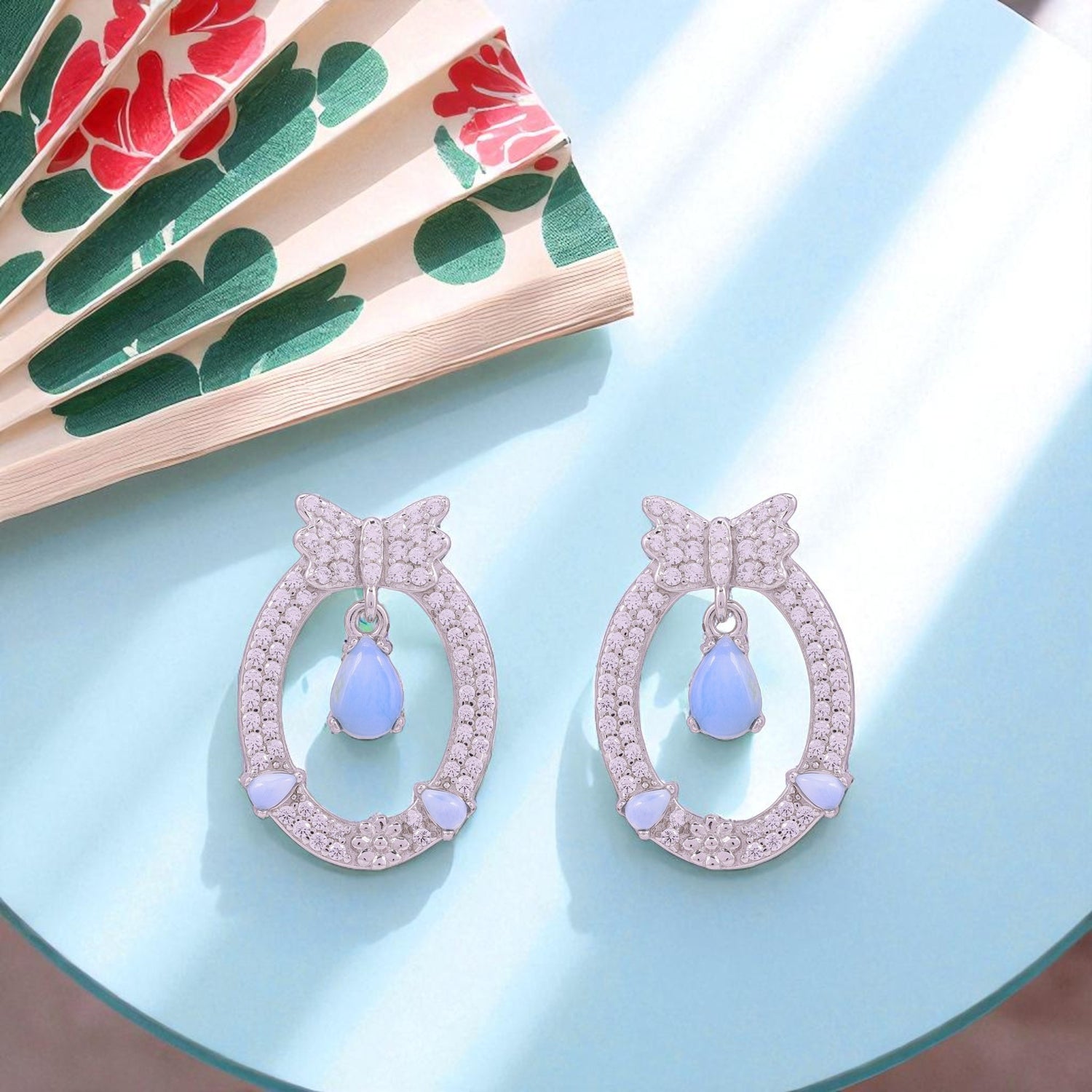 925 Sterling Silver Sky Petal Bow Halo Drop Earrings for Women