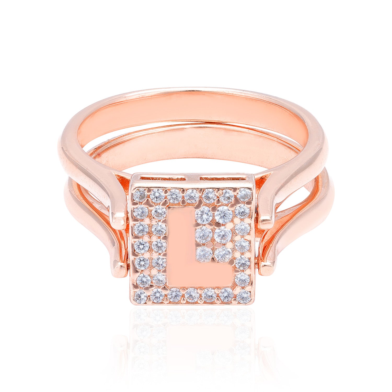 925 Sterling Silver Solitaire Twist L Initial Rose Gold Plated Ring for Women