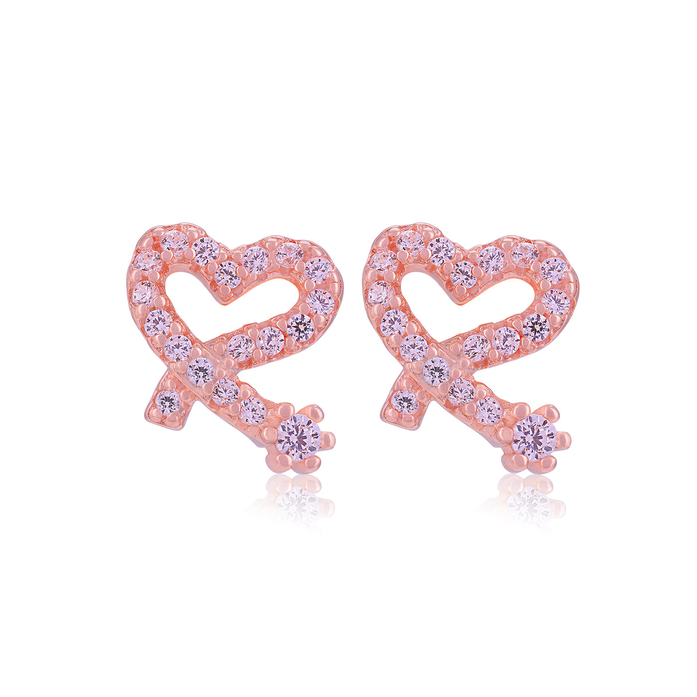 925 Sterling Silver Sparkle Heart Ribbon Rose Gold Plated Stud for Women