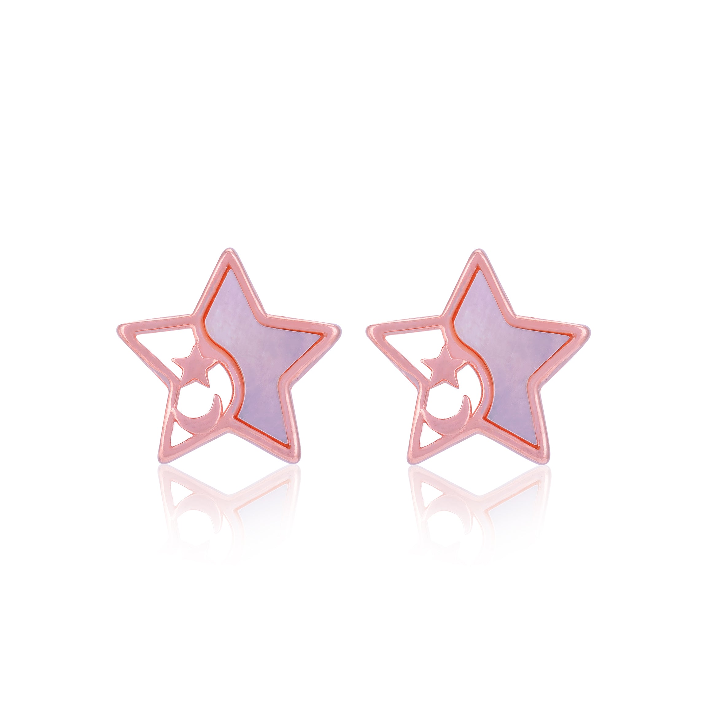 925 Sterling Silver Star & Crescent Celestial Frame Rose Gold Plated Stud for Women