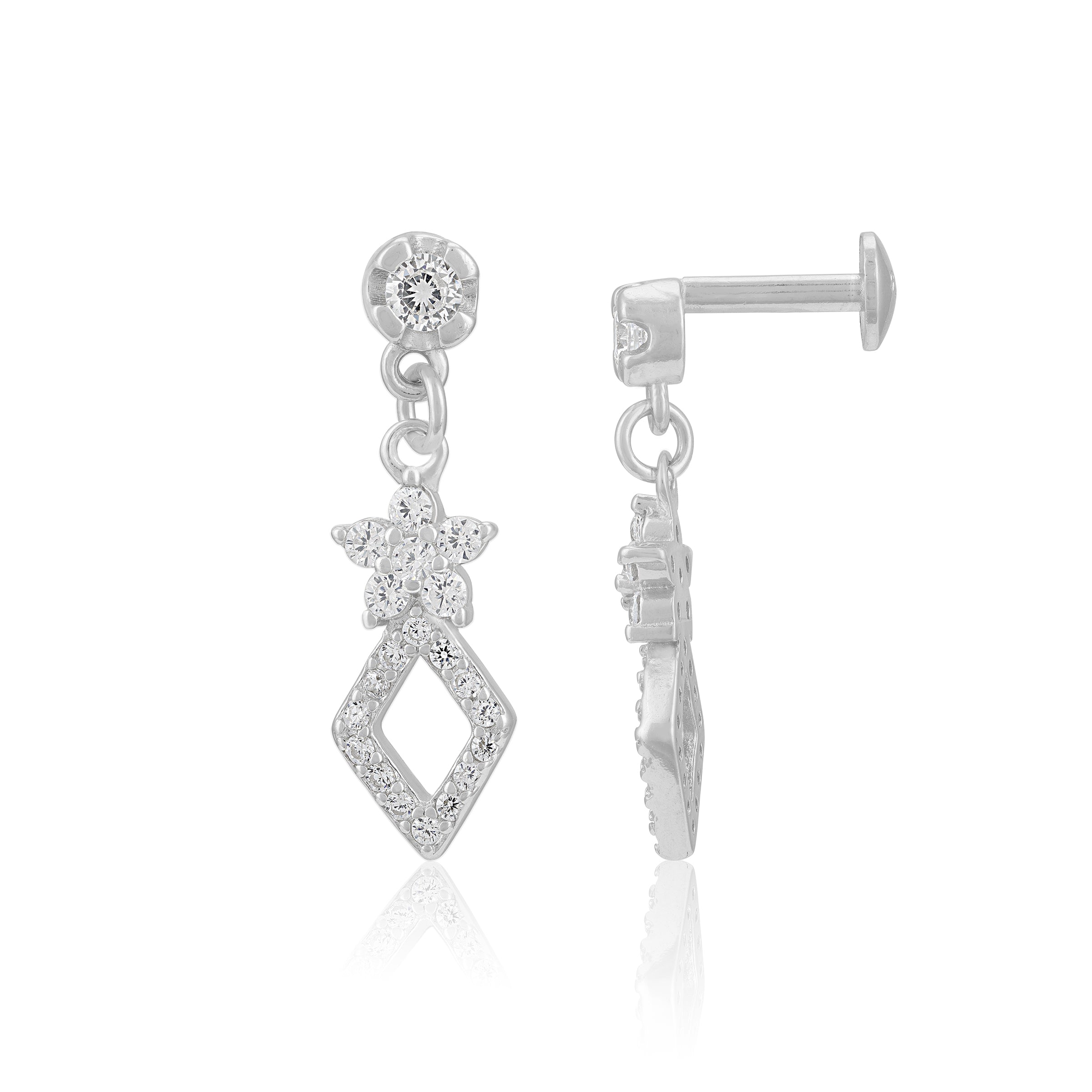 925 Sterling Silver Starlit Frame Diamond Cut Drop Rhodium Plated Earrings for Women