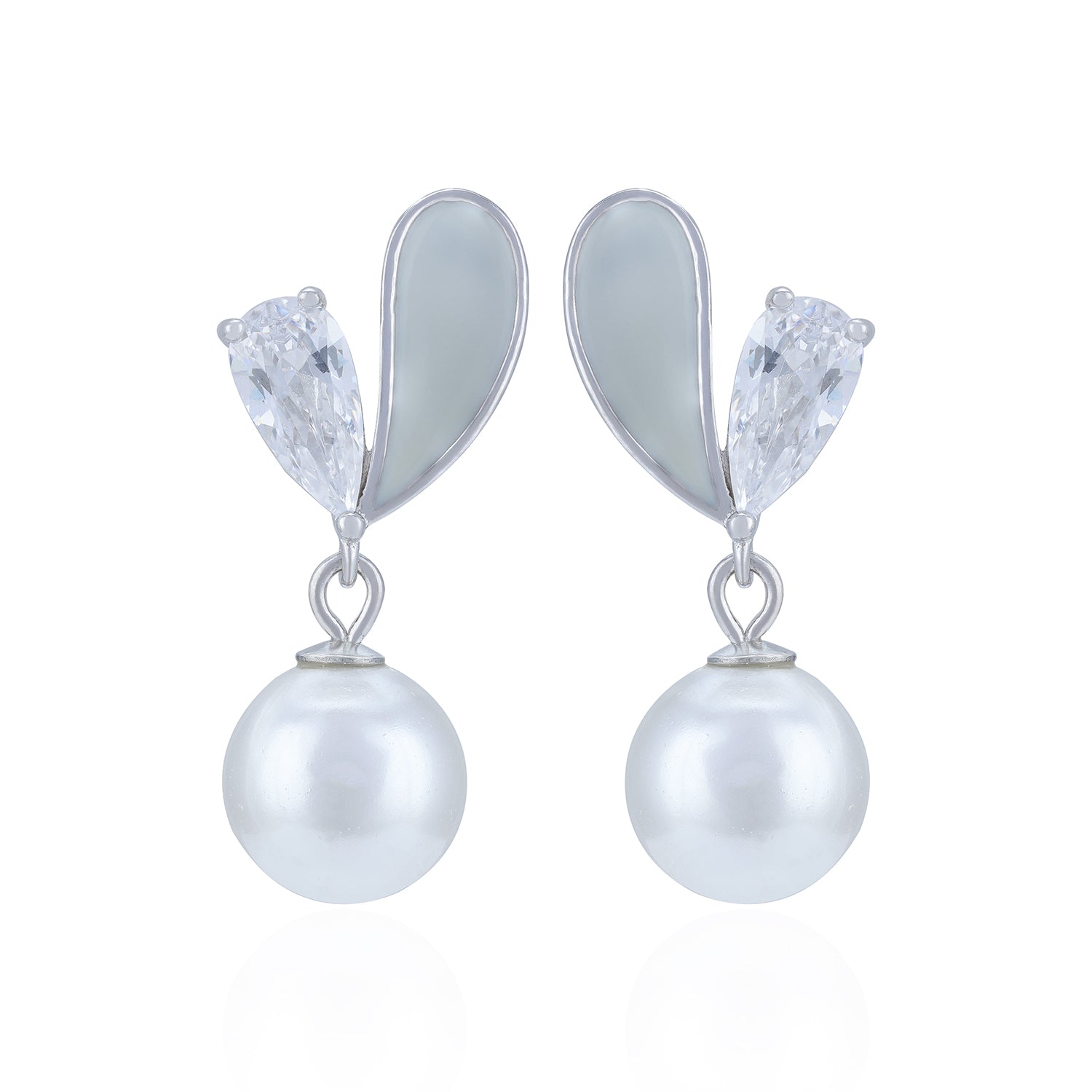 Pearl earrings with silver teardrop-shaped accents on a white background