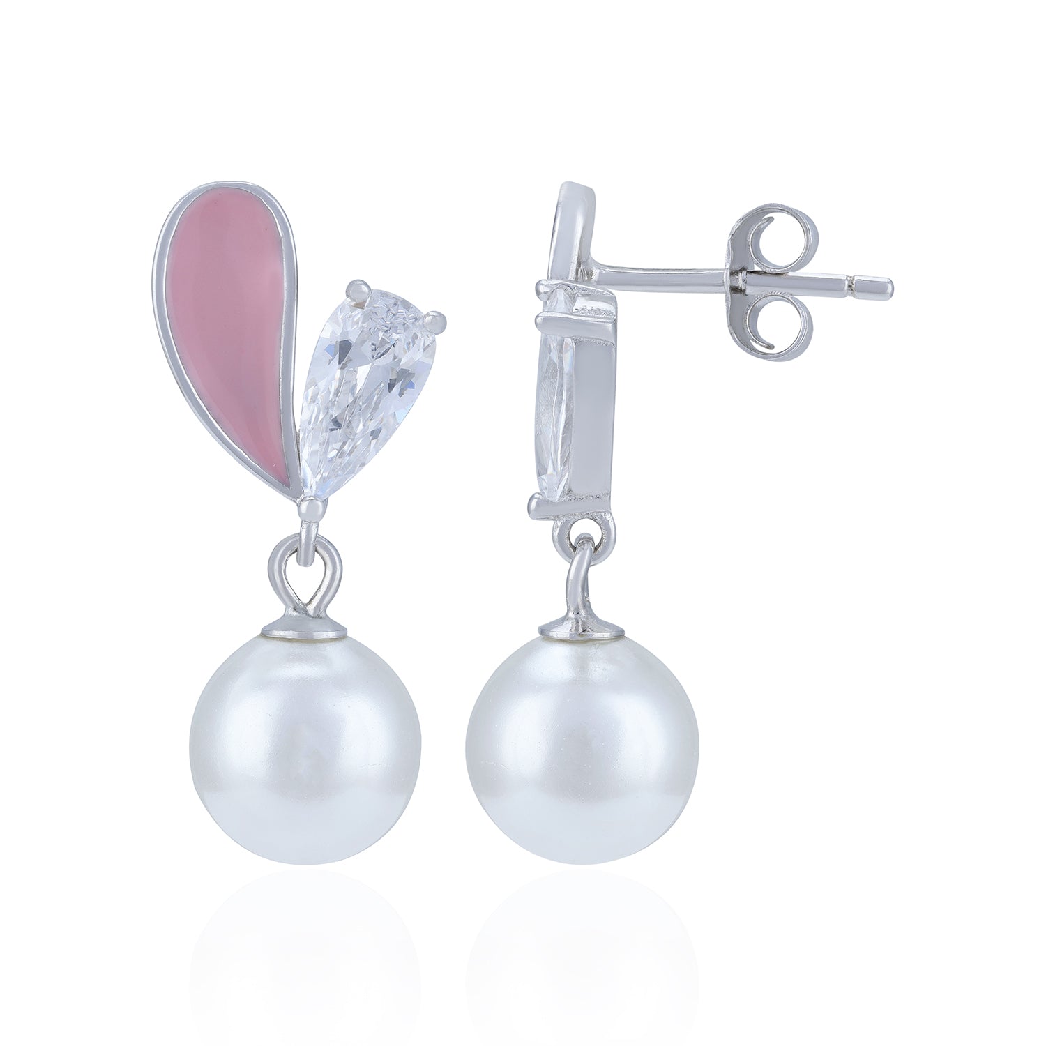 Pearl earrings with pink feather and clear gemstone
