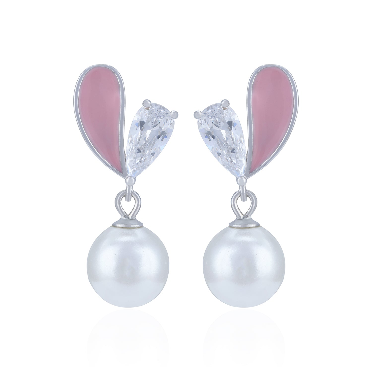 Pearl earrings with pink heart-shaped accents