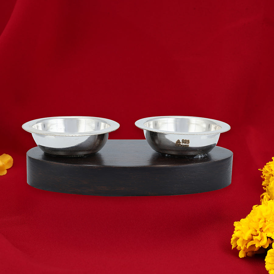 925 Sterling Silver Traditional Kumkum Haldi Bowl Set with Rosewood Stand For Pooja