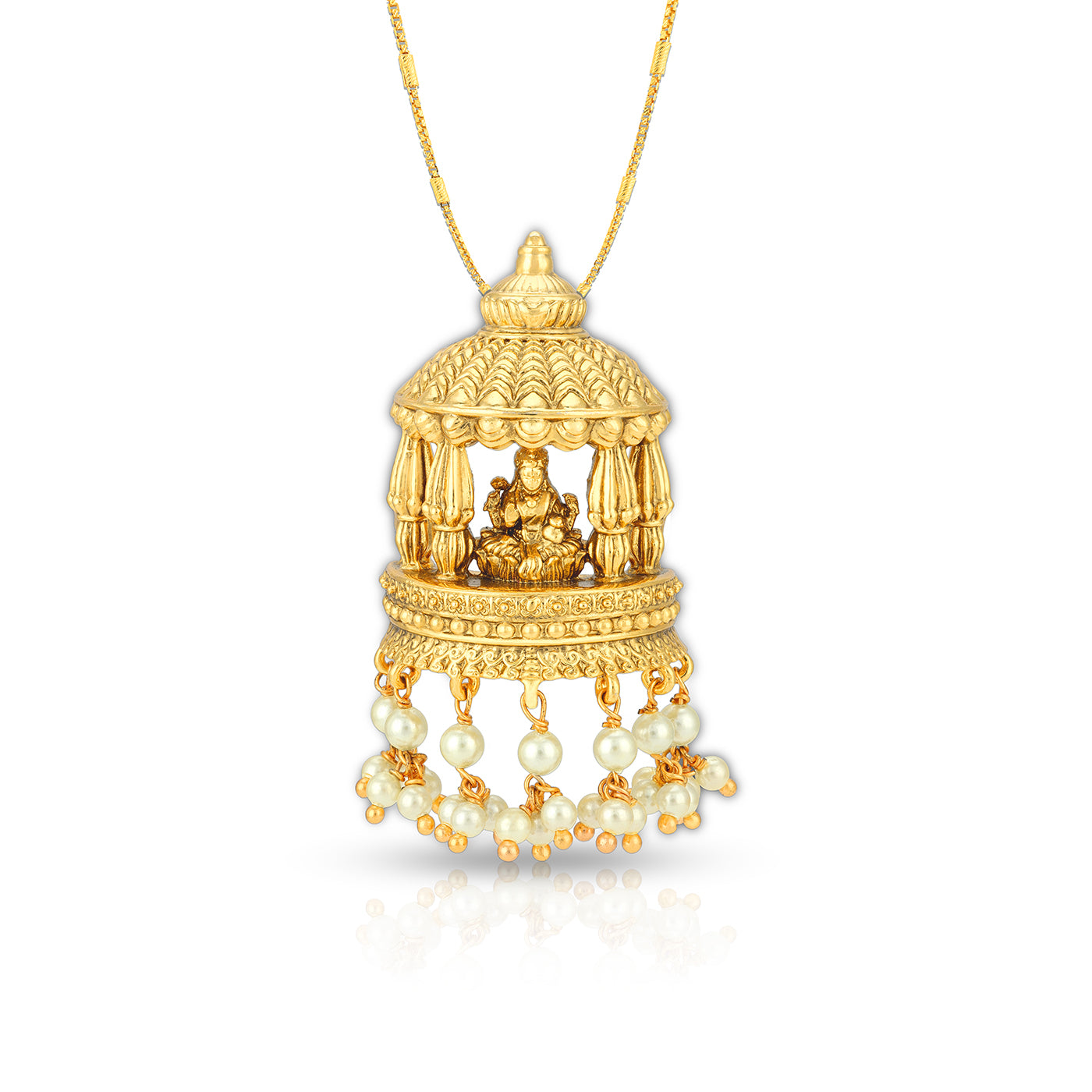 Gold necklace with intricate design and pearl accents on a white background