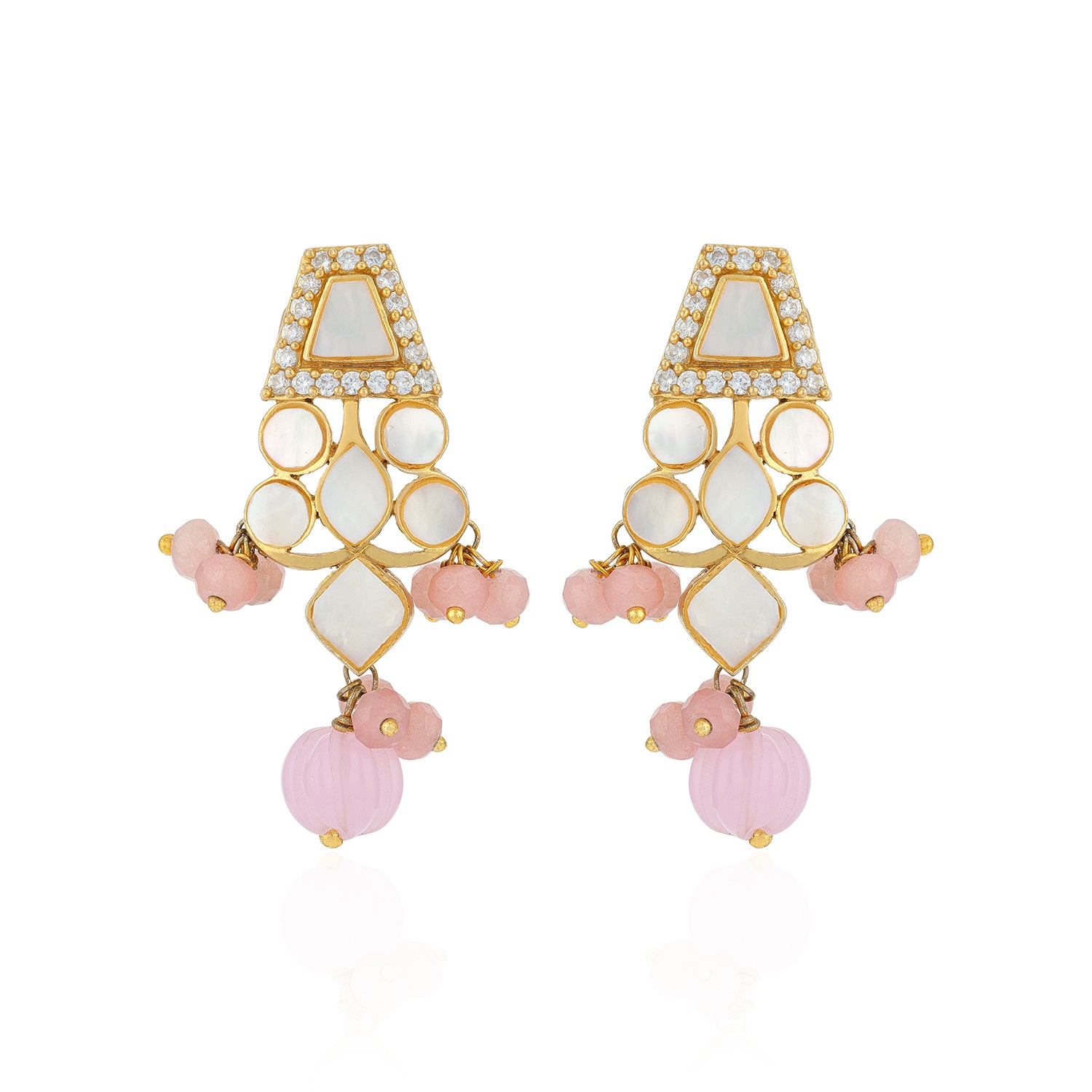 Gold and pink earrings with white stones on a white background
