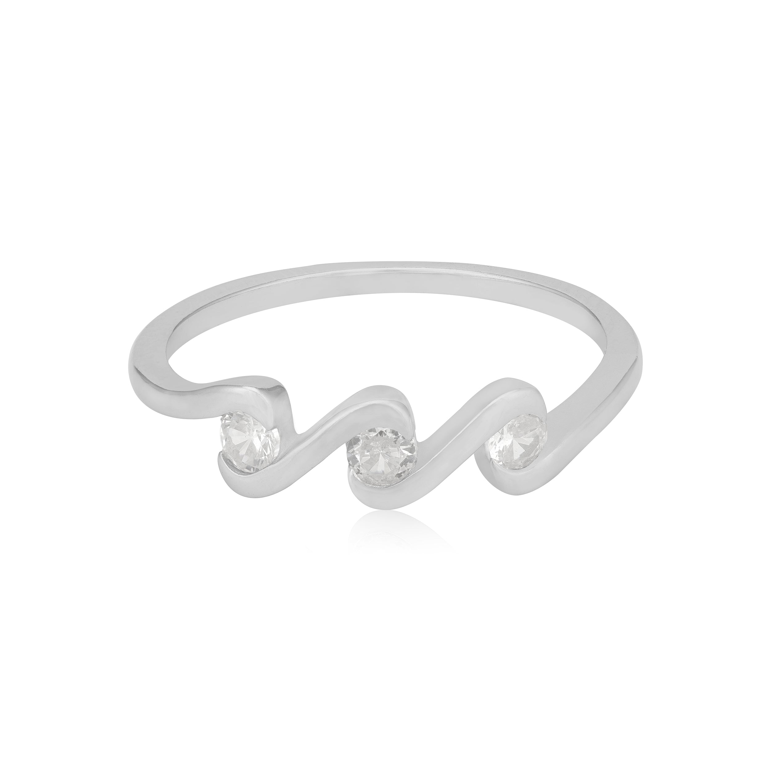 925 Sterling Silver Triple Stoned Swirl Pattern Rhodium Plated Rings For Women