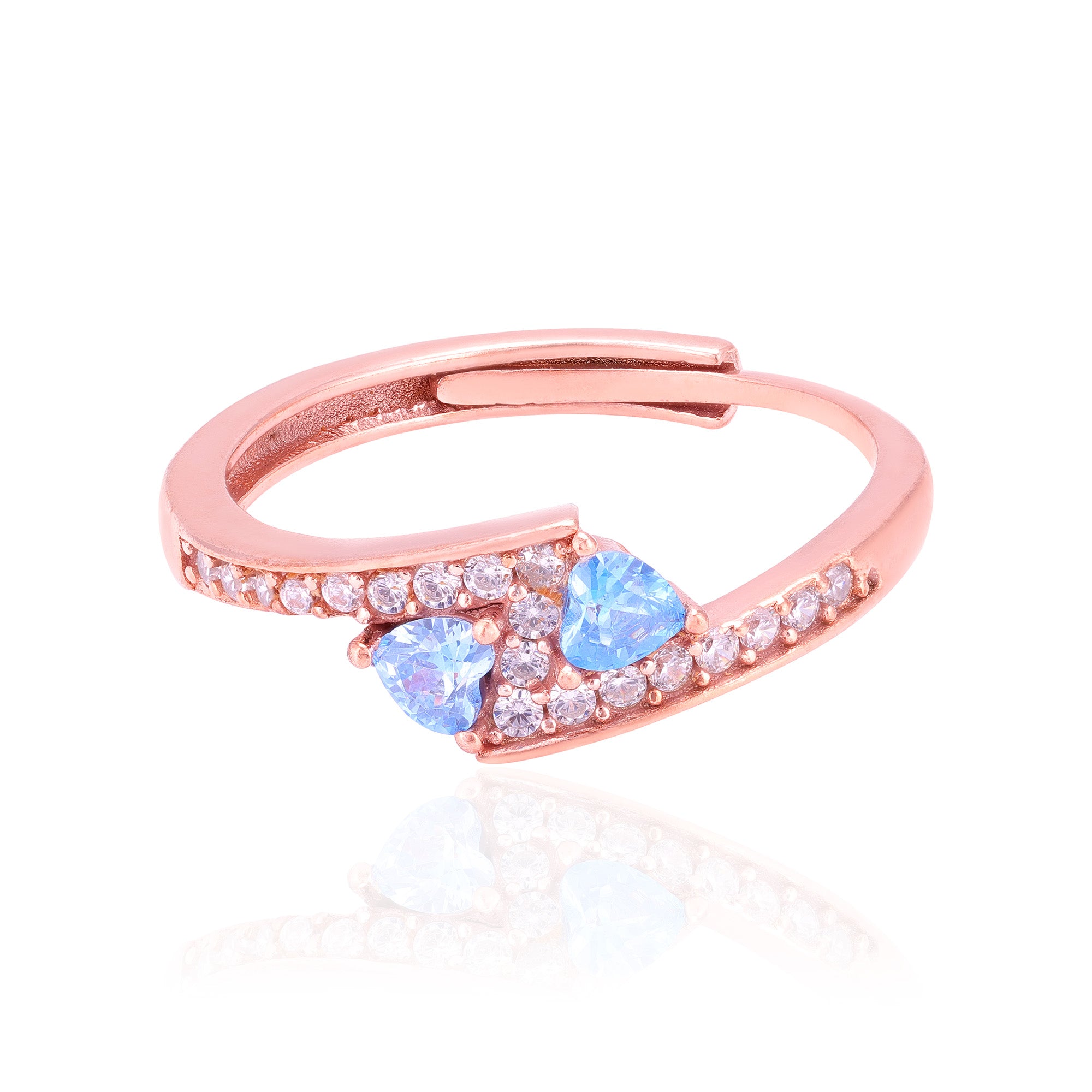 925 Sterling Silver Twin Blue Hearts Rose Gold Plated Ring for Women