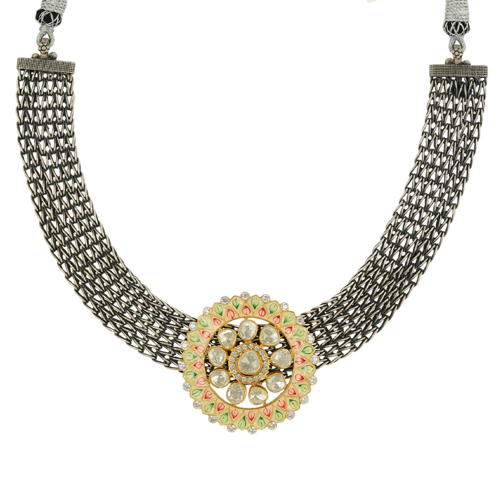 925 Sterling Silver Weaved Pattern Floral Centered Oxidised Necklace For Women