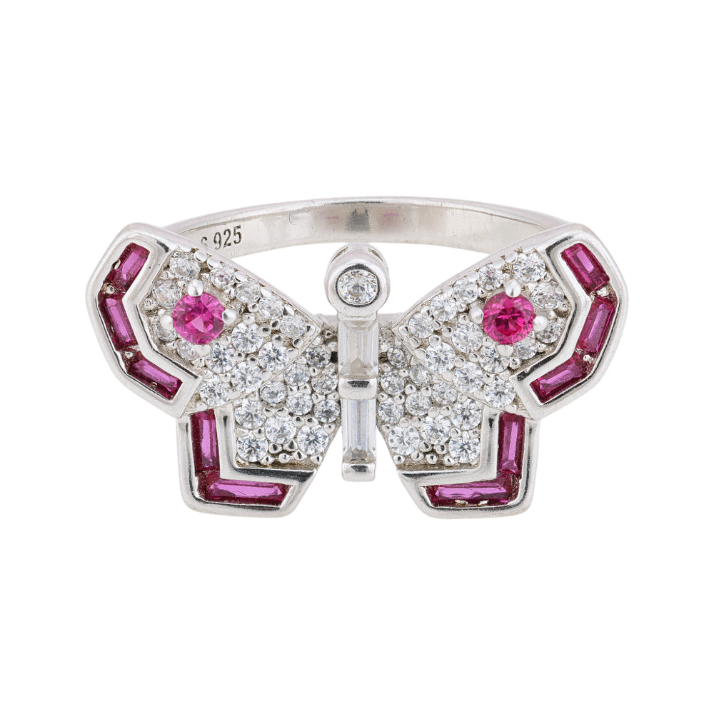 925 Sterling Silver Winged Pink Butterfly Rhodium Plated Rings for Women