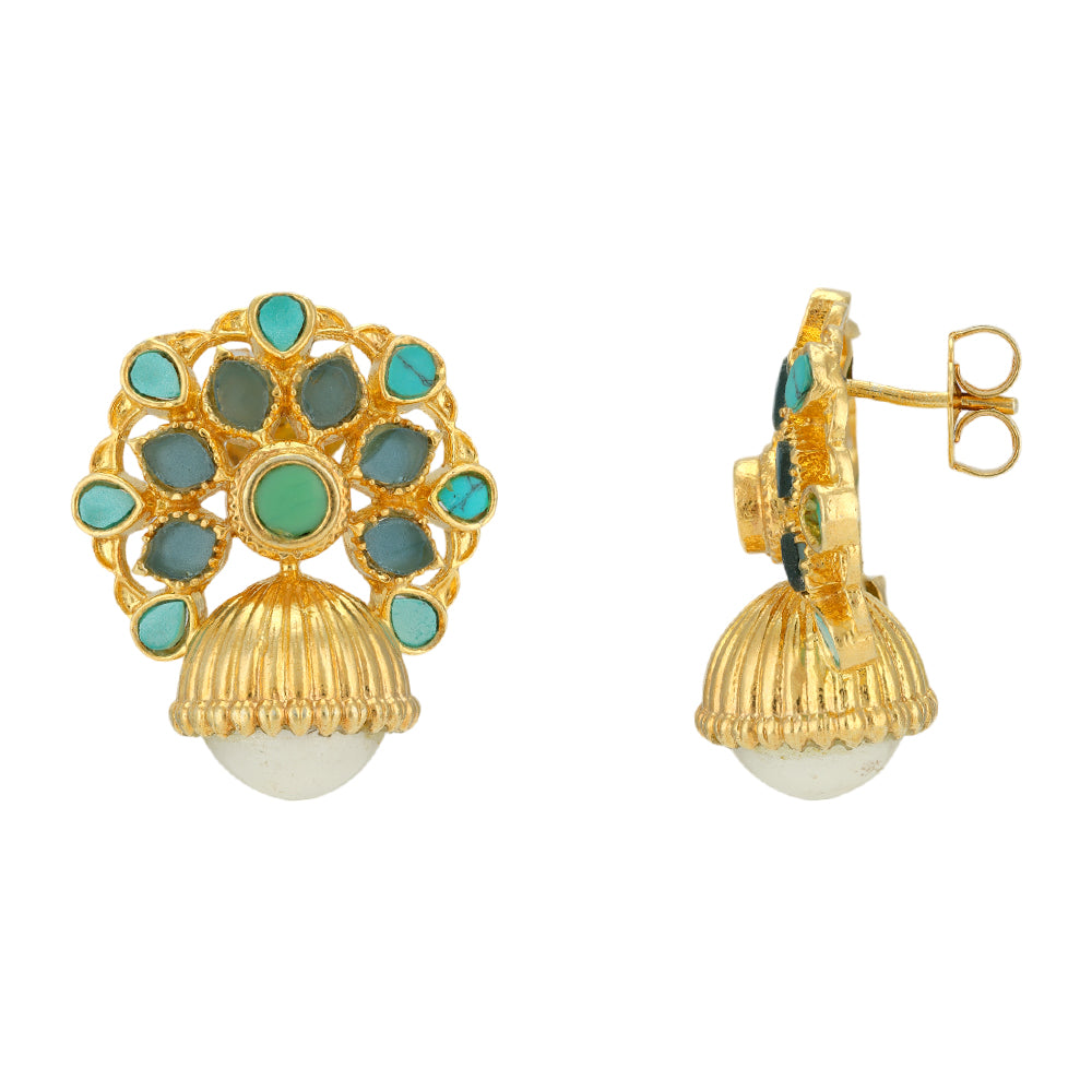 Turquoise Stoned Pearl Dangler Gold Plated 925 Earrings