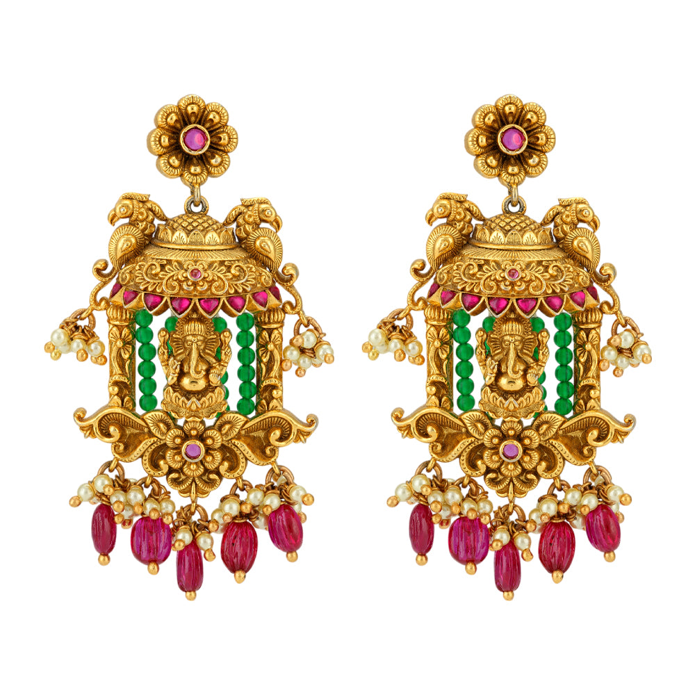 Vinayakar Chariot Dual Parrot Detail Gold Plated Earrings
