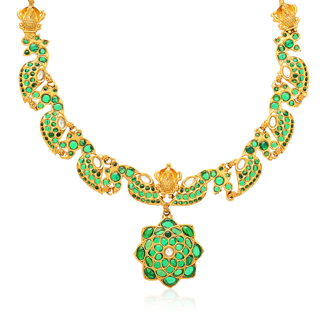925 Vintage Kundan Emerald Reverie Gold Plated Necklace