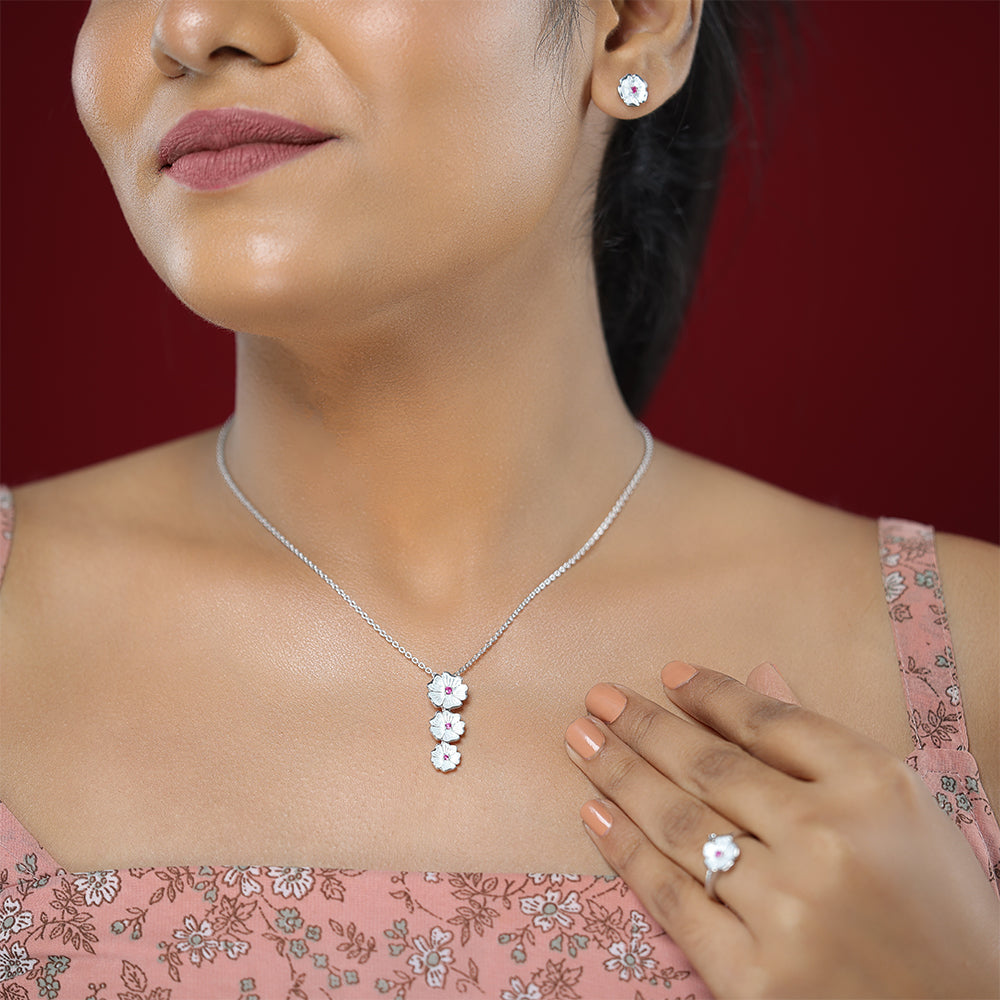 White Enamel Petals Centered Pink Rhodium Plated 925 Cascade Chain Pendants Modal