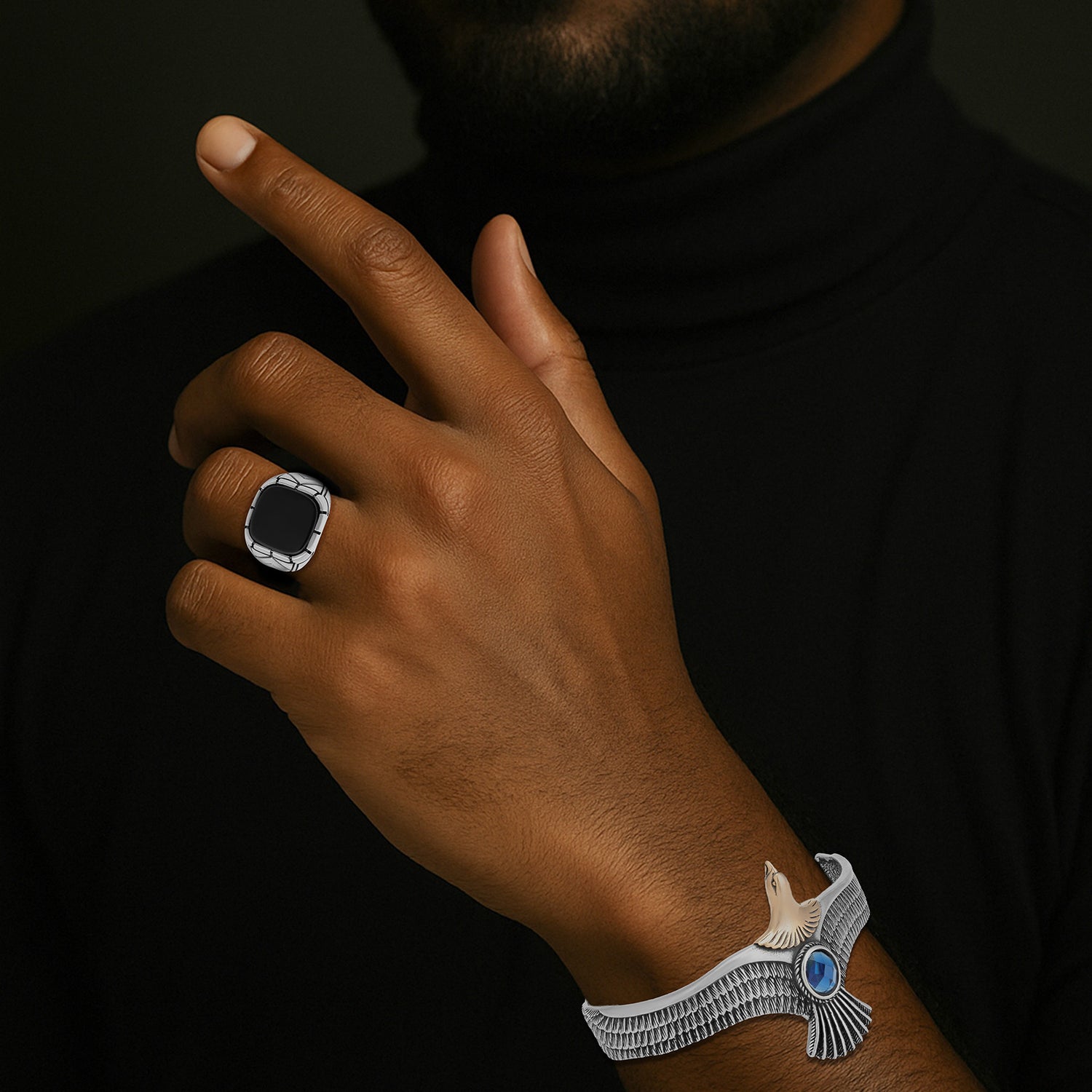 925 Winged Turquoise Sterling Silver Oxidised Eagle Cuff