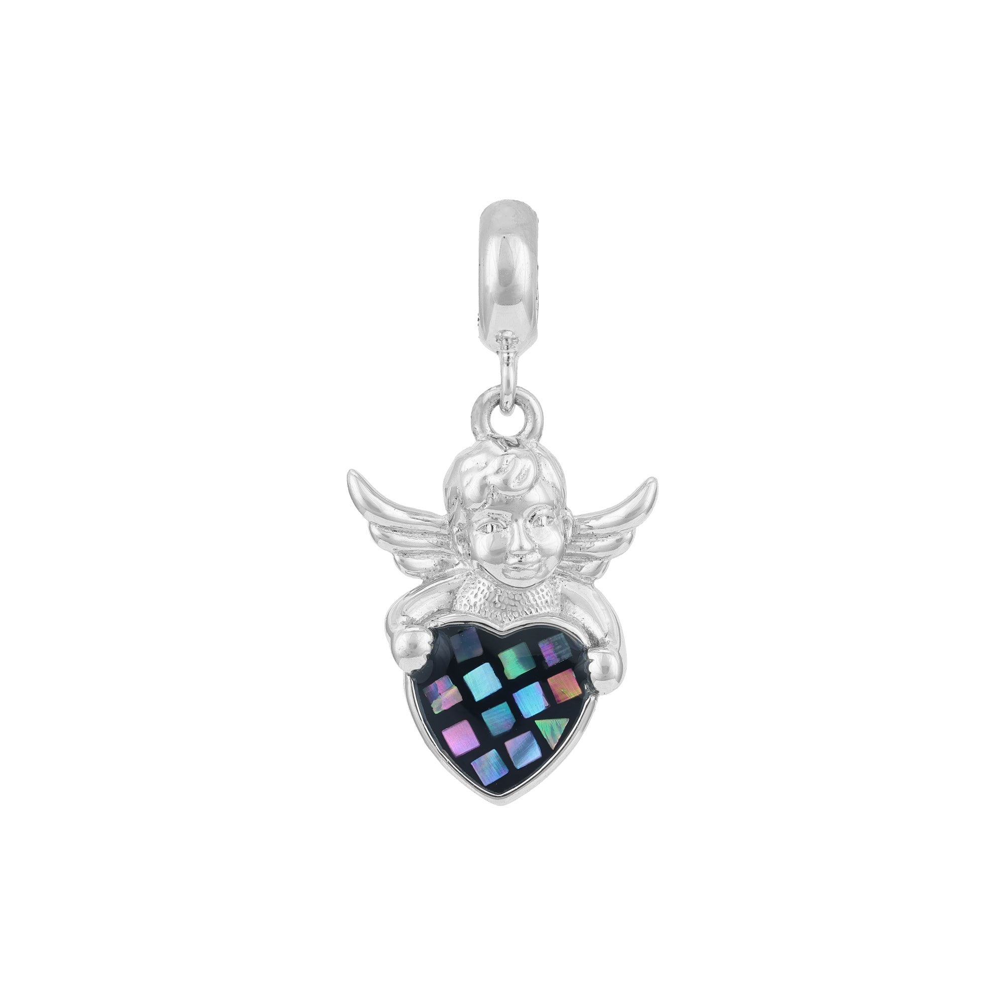 Silver angel charm with a heart-shaped multicolored stone on a white background