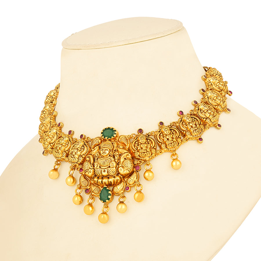 Antique Lakshmi Motif 925 Sterling Silver Gold Drop Necklace for women