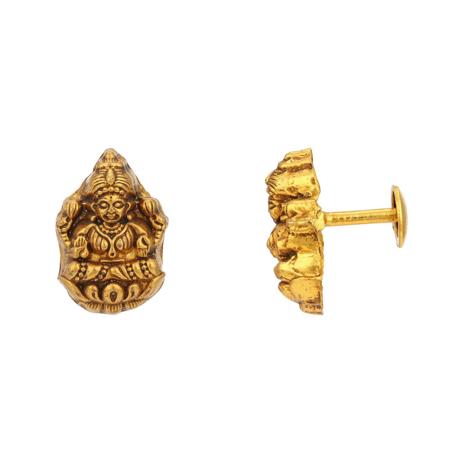 Antique Deity Lakshmi Lotus 925 Sterling Silver Gold Toned Stud for Women