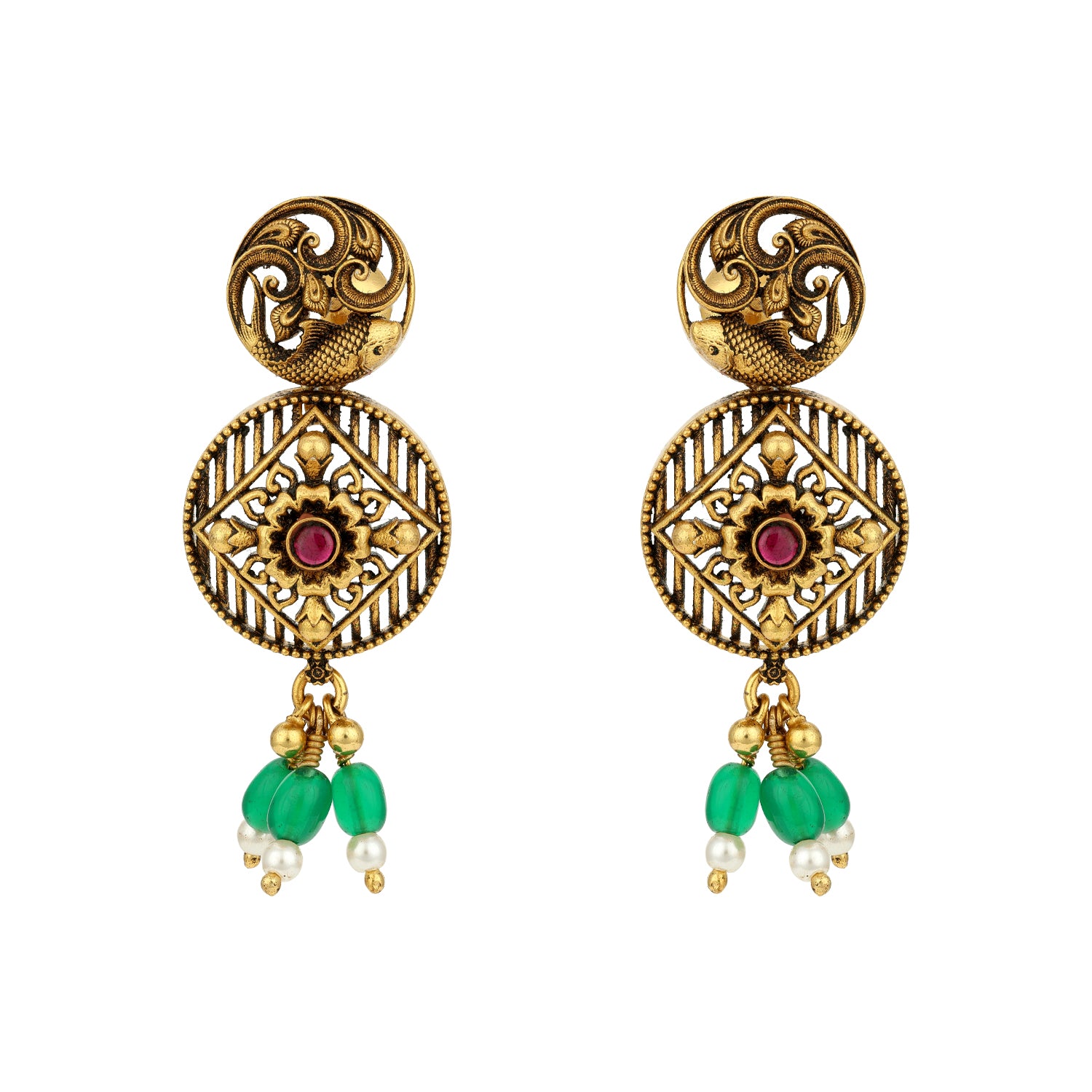 Antique Fish Motif Floral Dangle 925 Sterling Silver Green Drop Earring for Women