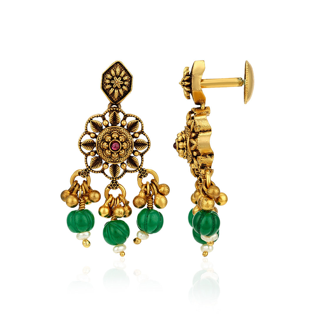 Antique Floral Ruby Petal 925 Sterling Silver Green Bead Drop Earring for Women