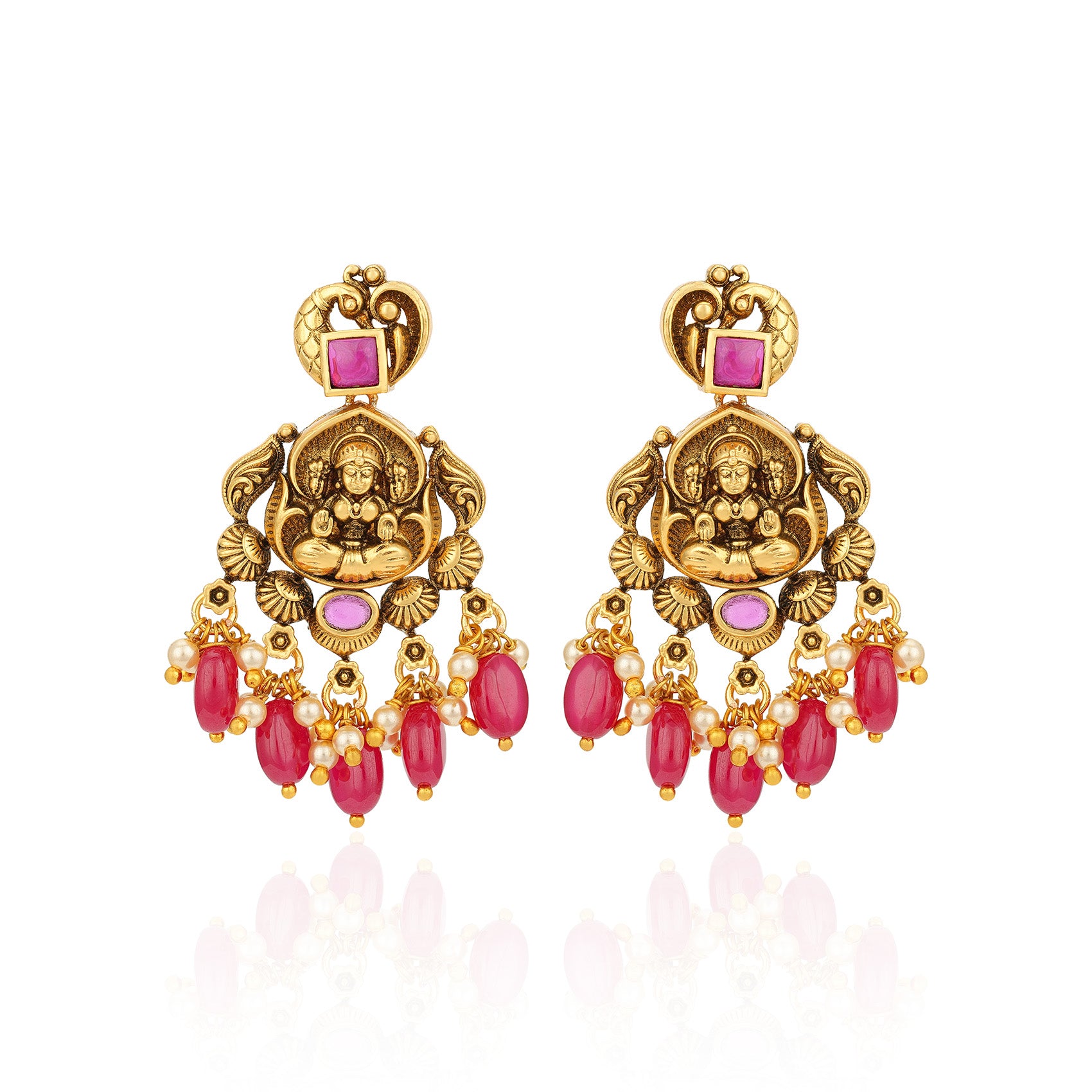 Antique Goddess Lakshmi Gold Plated 925 Sterling Silver Pink Coral Drop Earring for Women