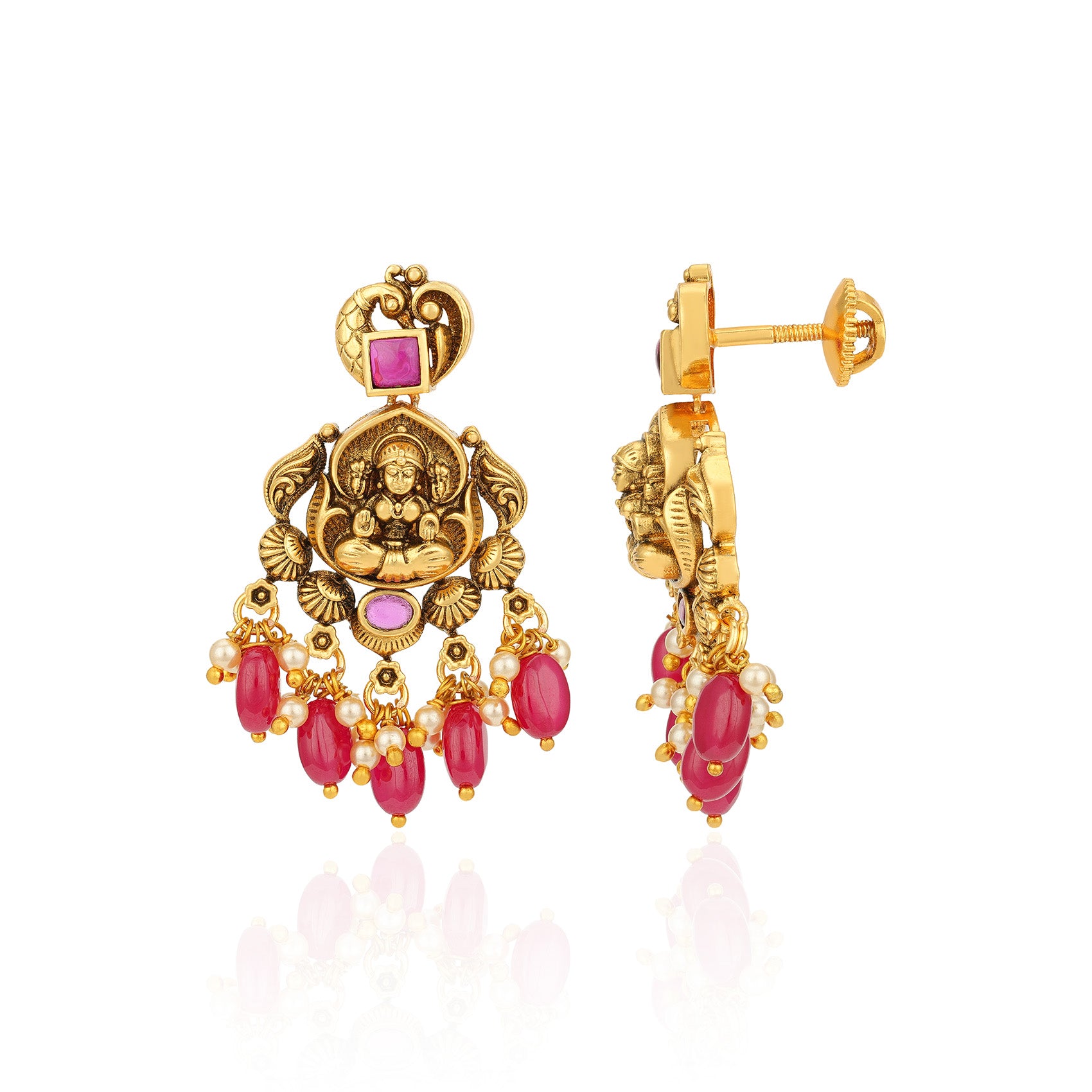Antique Goddess Lakshmi Gold Plated 925 Sterling Silver Pink Coral Drop Earring for Women