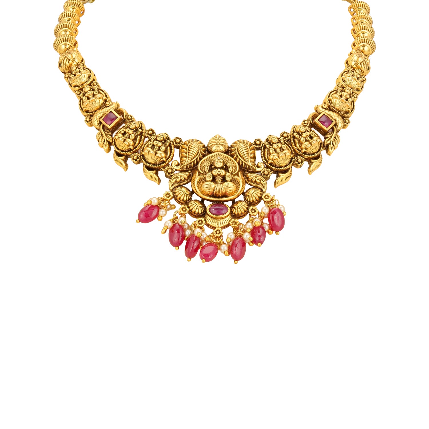 Antique Goddess Lakshmi Motif 925 Sterling Silver Pink Drop Necklace for Women