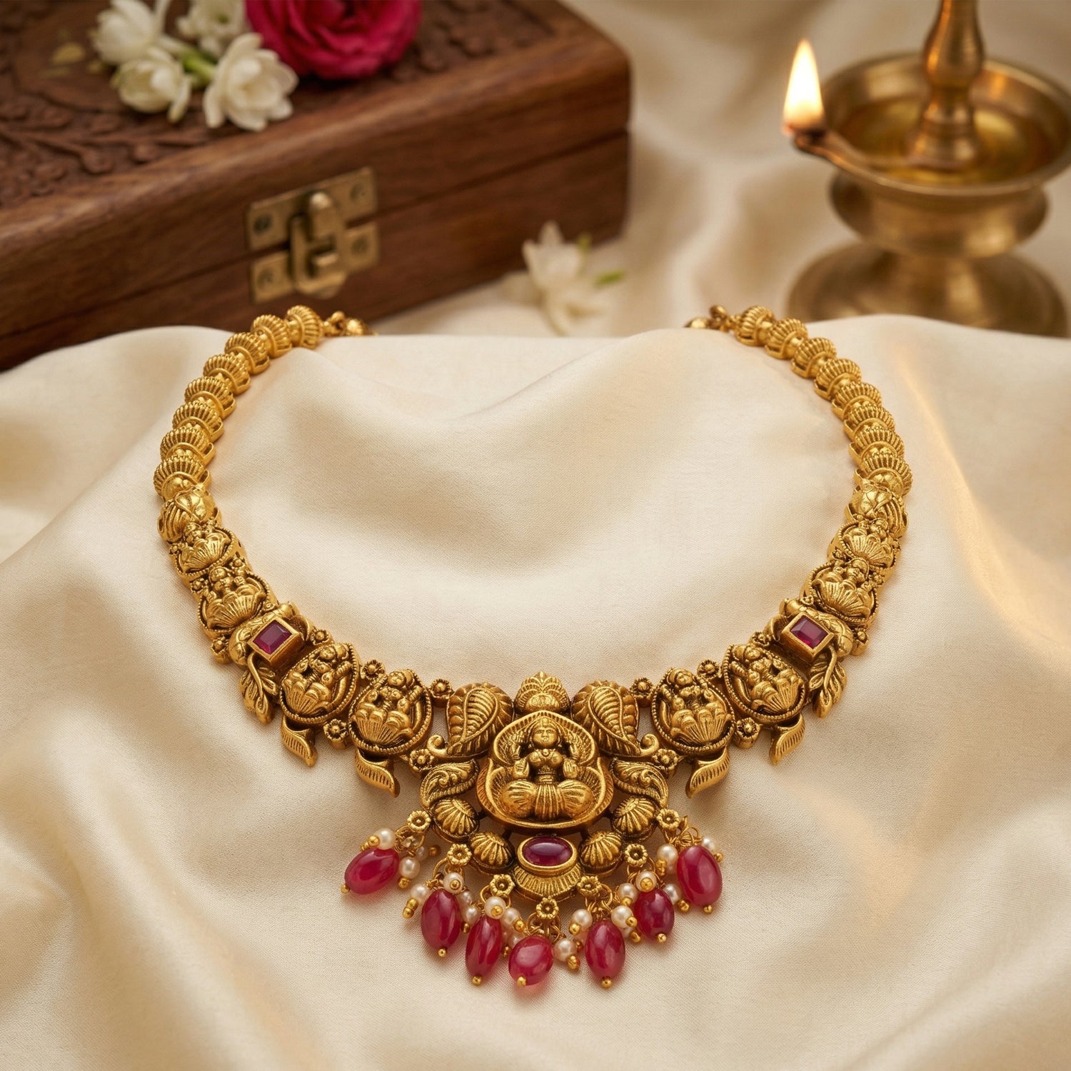 Antique Goddess Lakshmi Motif 925 Sterling Silver Pink Drop Necklace for Women