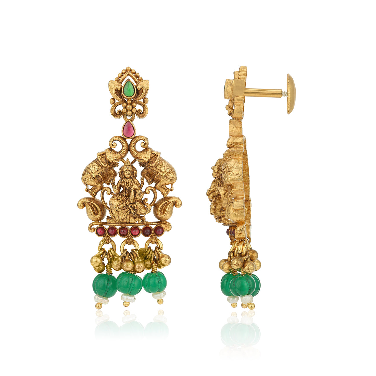Antique Goddess Lakshmi Seated on Elephant 925 Sterling Silver Green Bead Drop Earring for Women