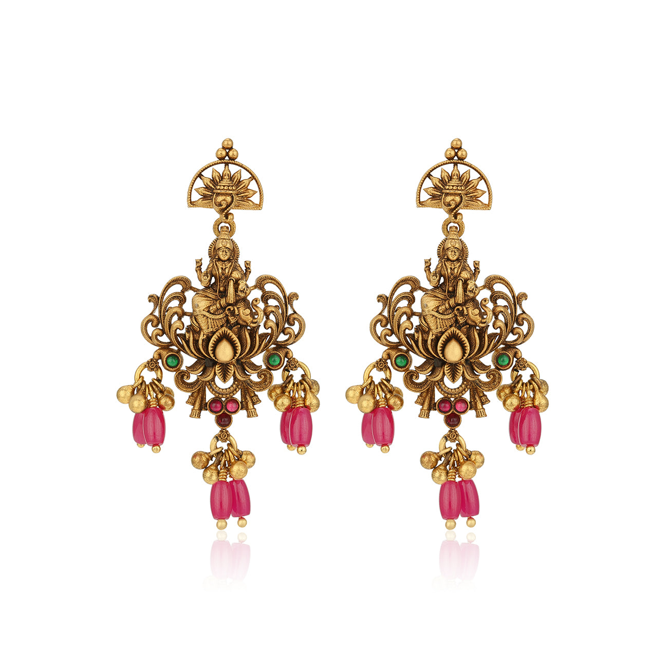 Antique Goddess Lakshmi Seated on Lotus Flower 925 Sterling Silver Pink Bead Drop Earring for Women