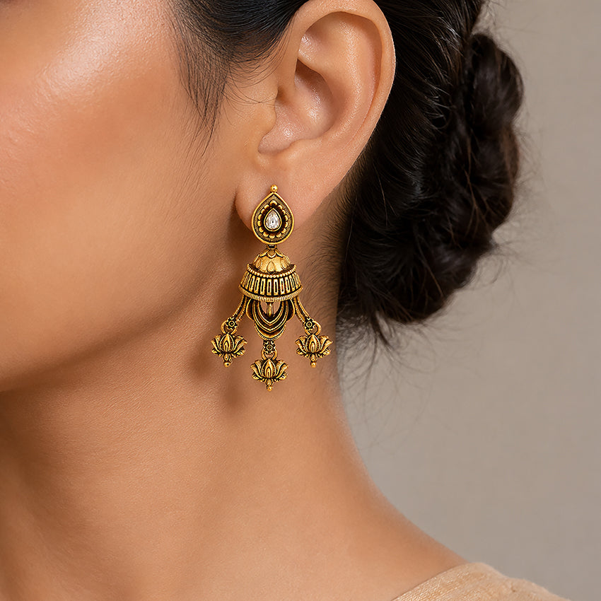 Antique Gold Lotus Chandelier Jhumka Earrings