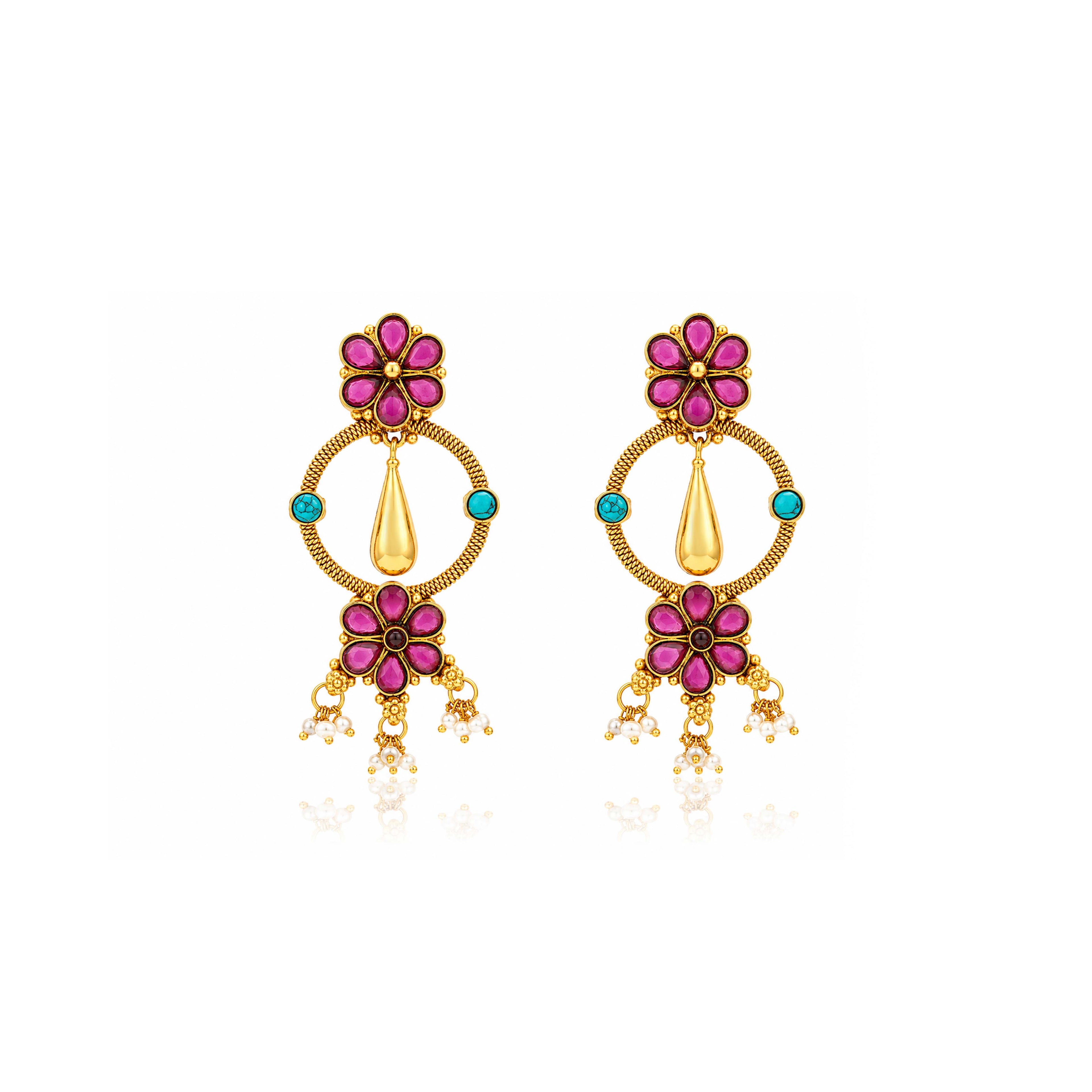 Antique Gold Pink Floral Drop Earrings
