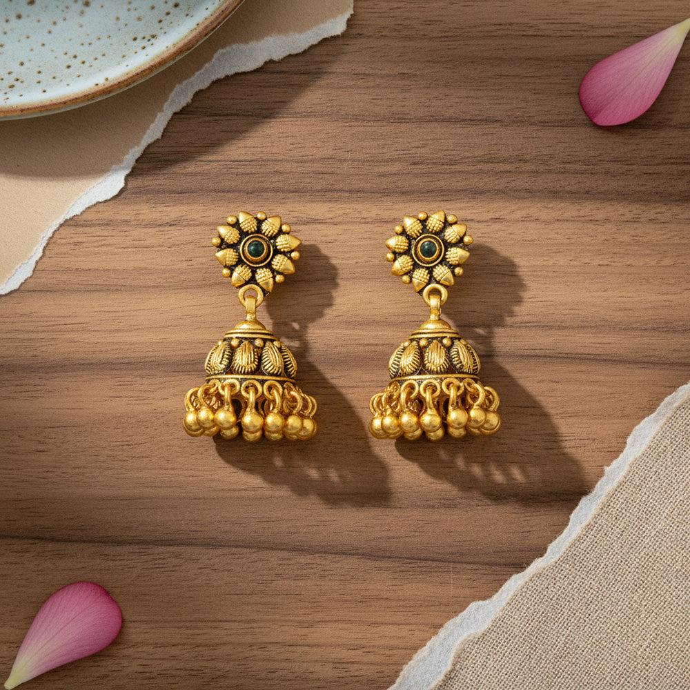 Antique Gold Plated Floral Pattern 925 Sterling Silver Gold Drop Jhumka for Women