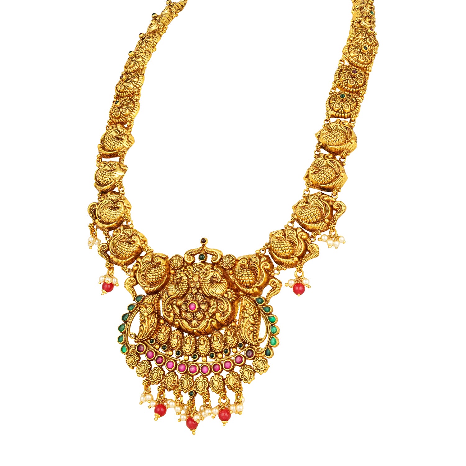 Antique Golden Temple Peacock Accent 925 Sterling Silver Pearl Drop Haram for Women
