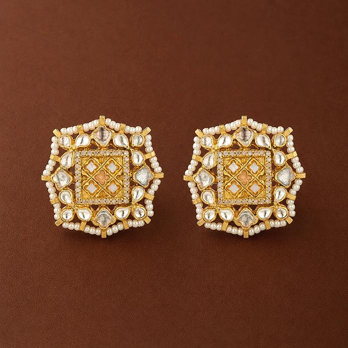 Antique Kundan Pearl 925 Sterling Silver Earrings