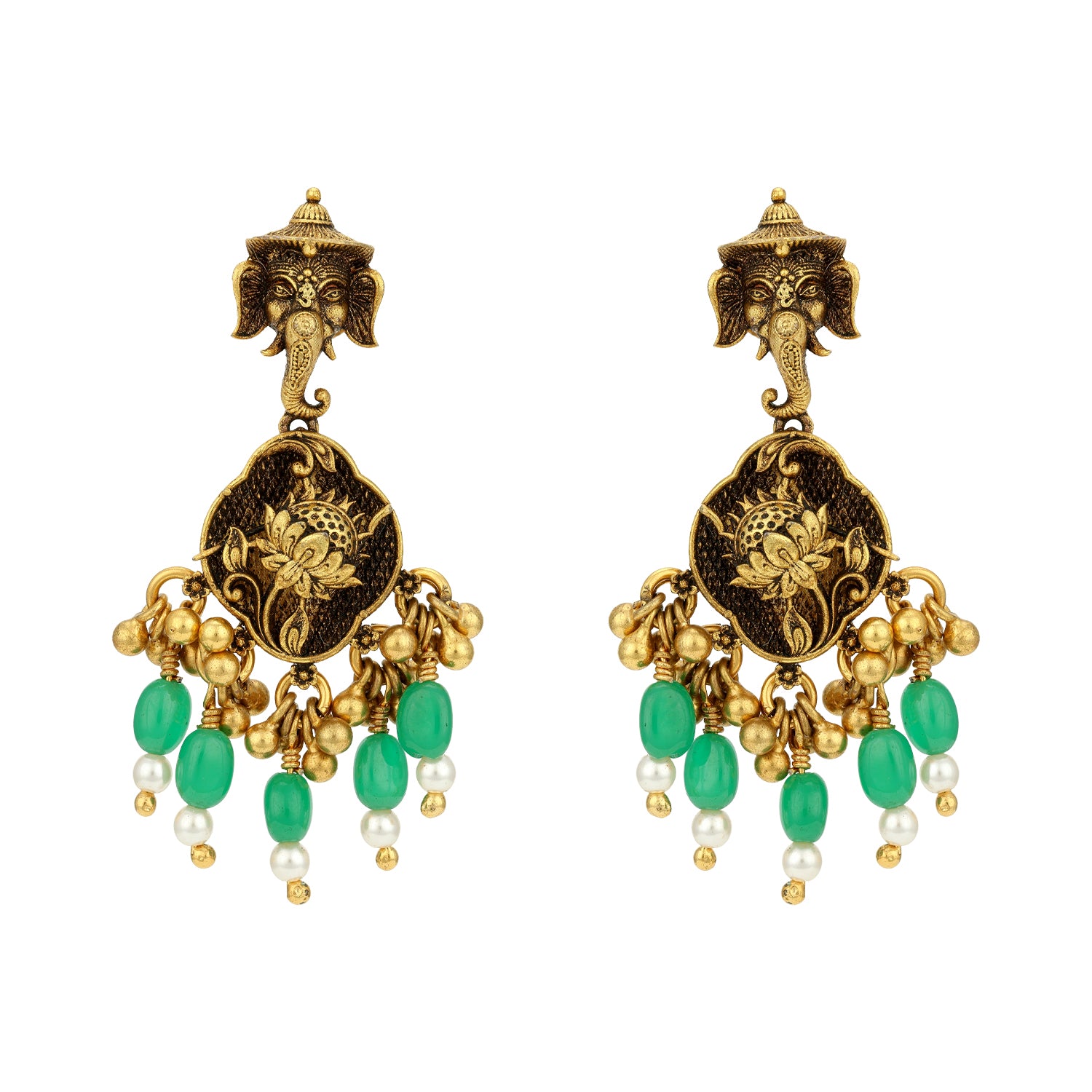 Antique Lord Ganesha Lotus Motif 925 Sterling Silver Green Drop Earring for Women