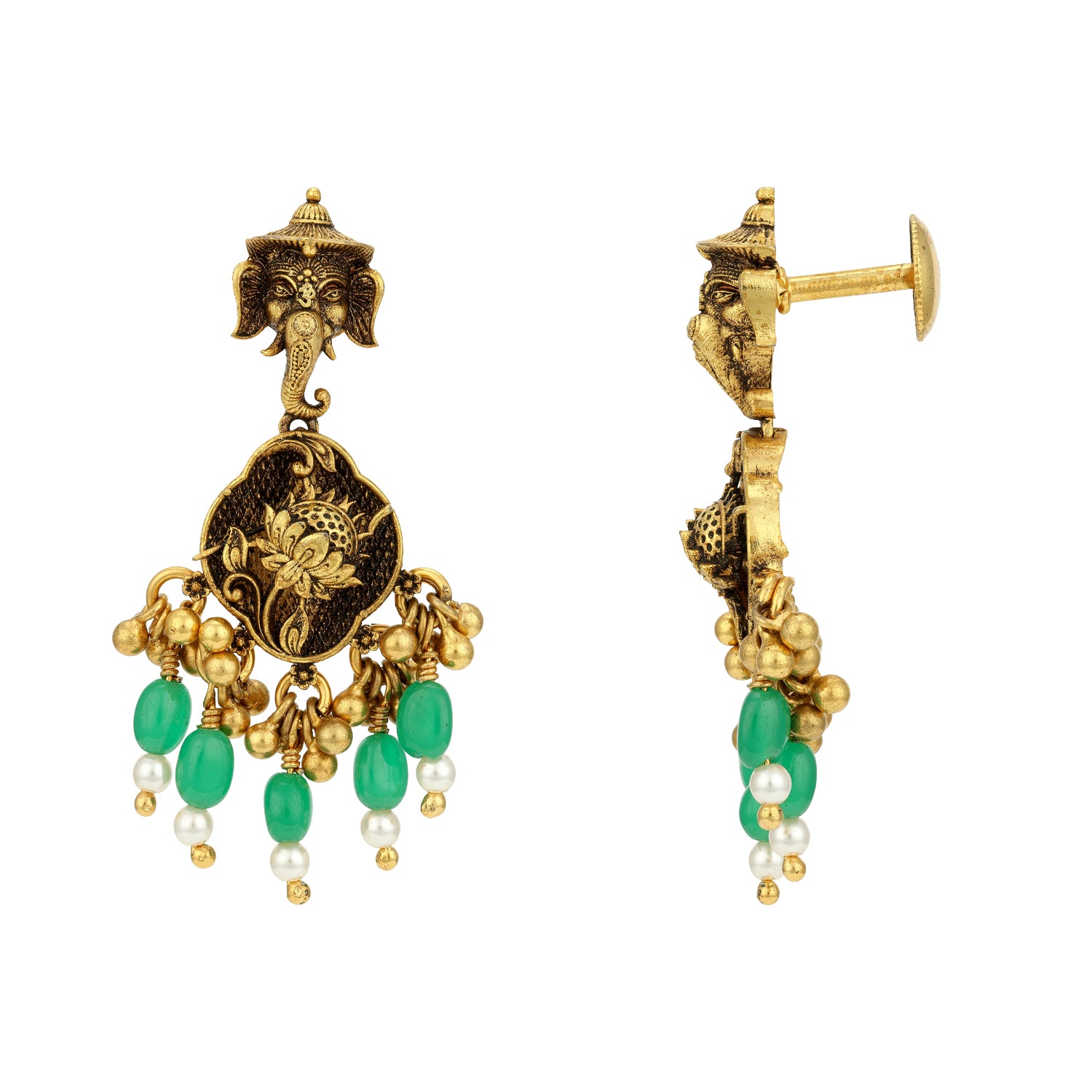 Antique Lord Ganesha Lotus Motif 925 Sterling Silver Green Drop Earring for Women