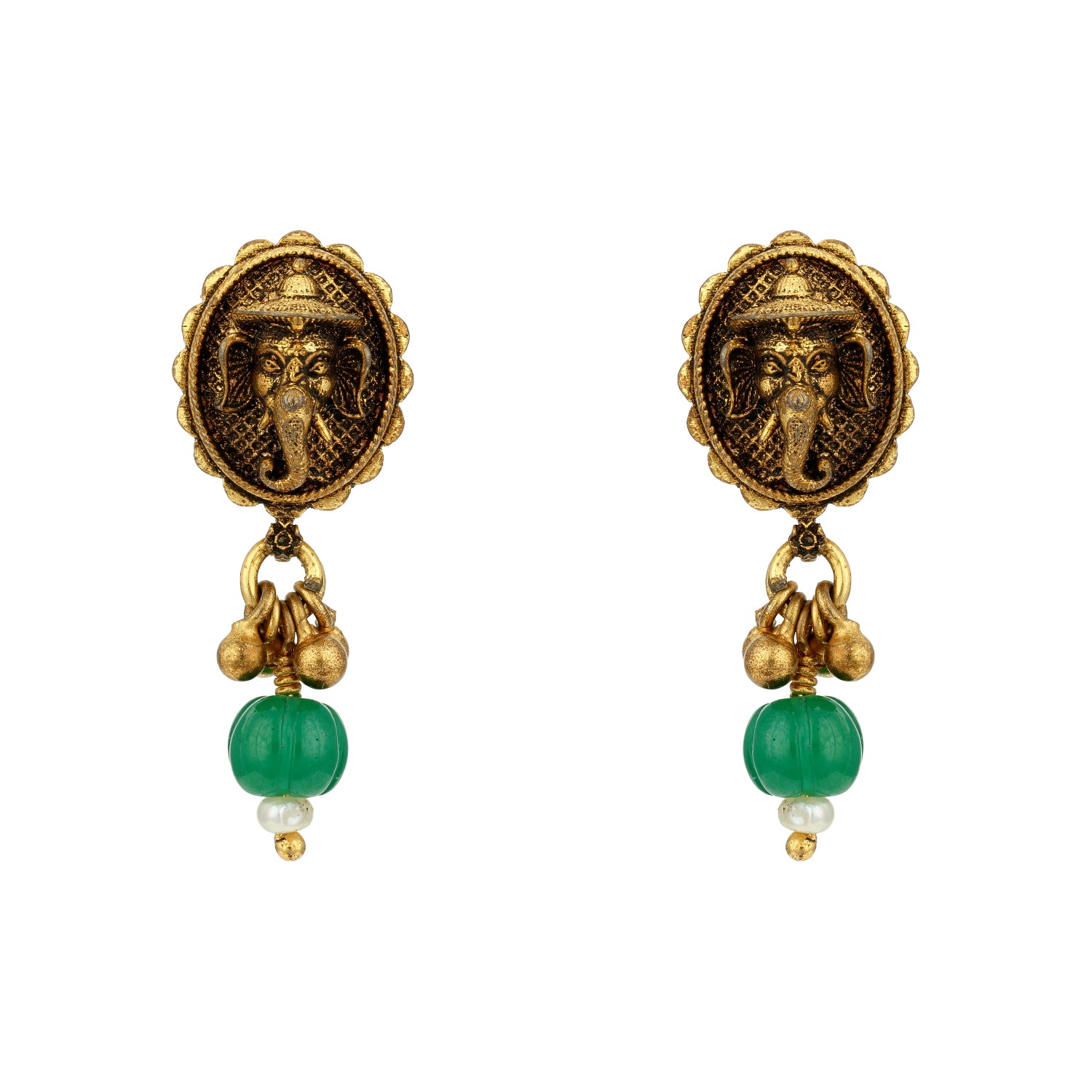 Antique Lord Ganesha Motif 925 Sterling Silver Green Drop Earring for Women