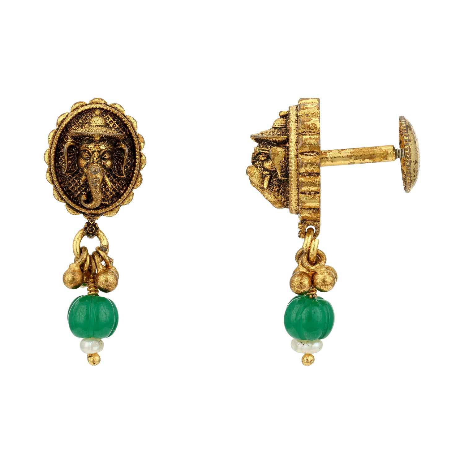 Antique Lord Ganesha Motif 925 Sterling Silver Green Drop Earring for Women