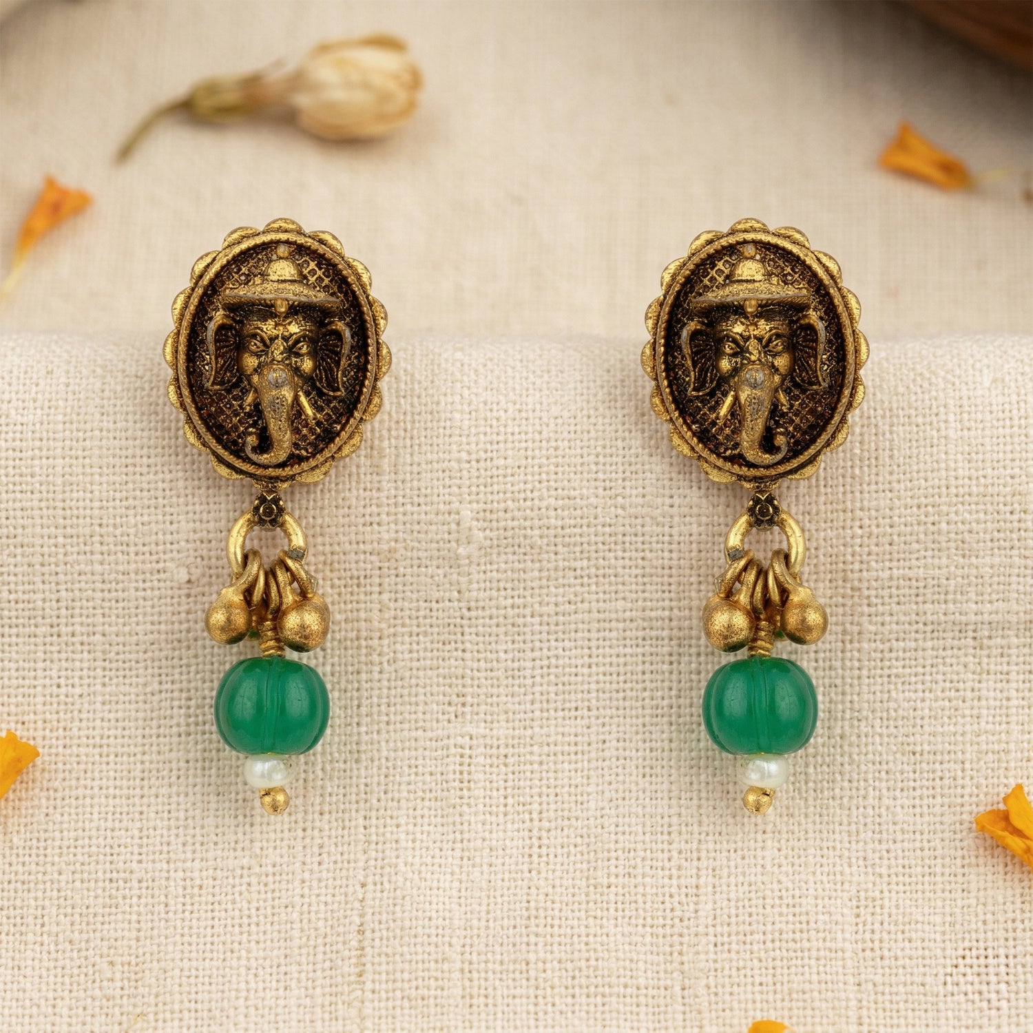 Antique Lord Ganesha Motif 925 Sterling Silver Green Drop Earring for Women