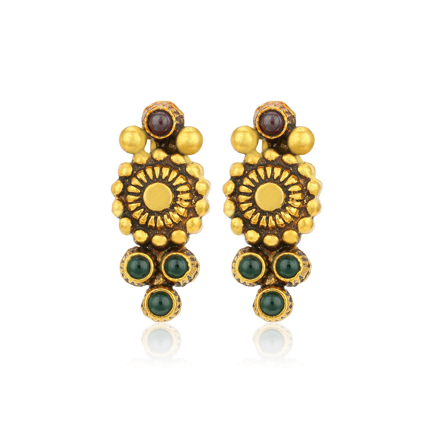 Antique Mandala Red Green Stone 925 Sterling Silver Gold Plated Earrings for Women