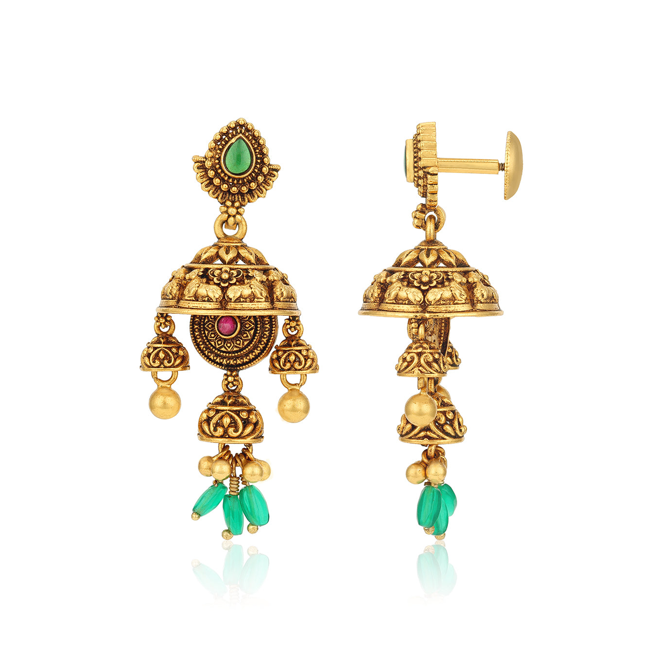 Antique Nandi Motif Temple 925 Sterling Silver Green Bead Drop Earrings for Women