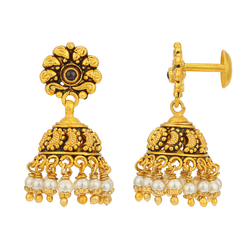 Antique Paisley Dome Gold Plated 925 Sterling Silver Pearl Drop Jhumka for Women