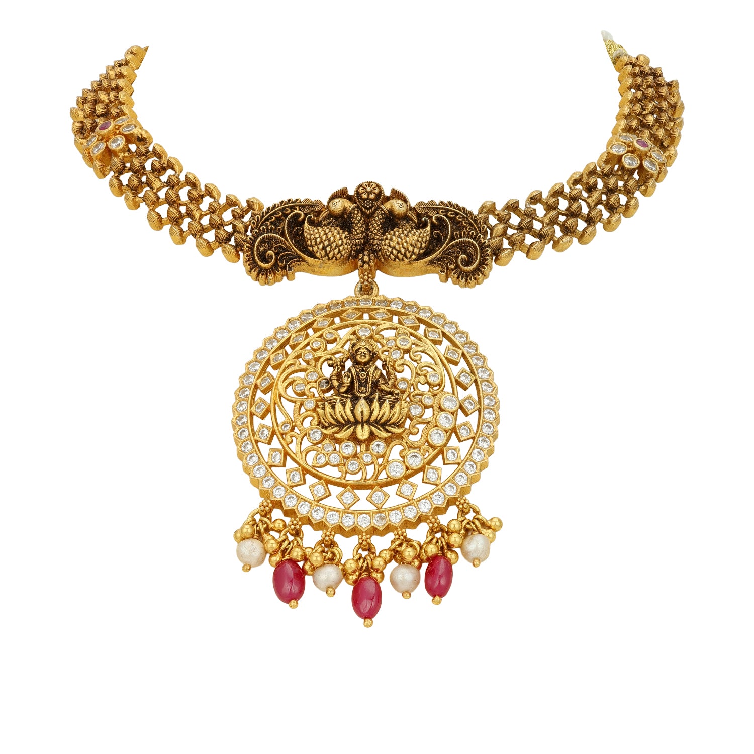Antique Peacock Motif Goddess Lakshmi CZ Drop 925 Sterling Silver Necklace for Women