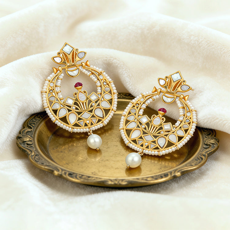 Antique Pearl Lotus Golden 925 Sterling Silver Drop Earring